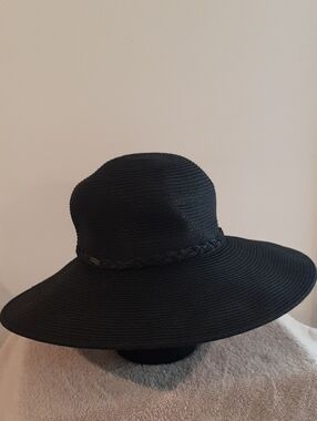 Nine West Black Wide-Brim Braided Trim Sun Hat NWT